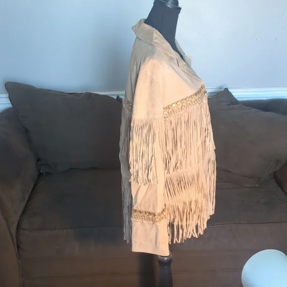 New Free People X Brenda Knight Fringe Embroidered Leather Jacket Size Small